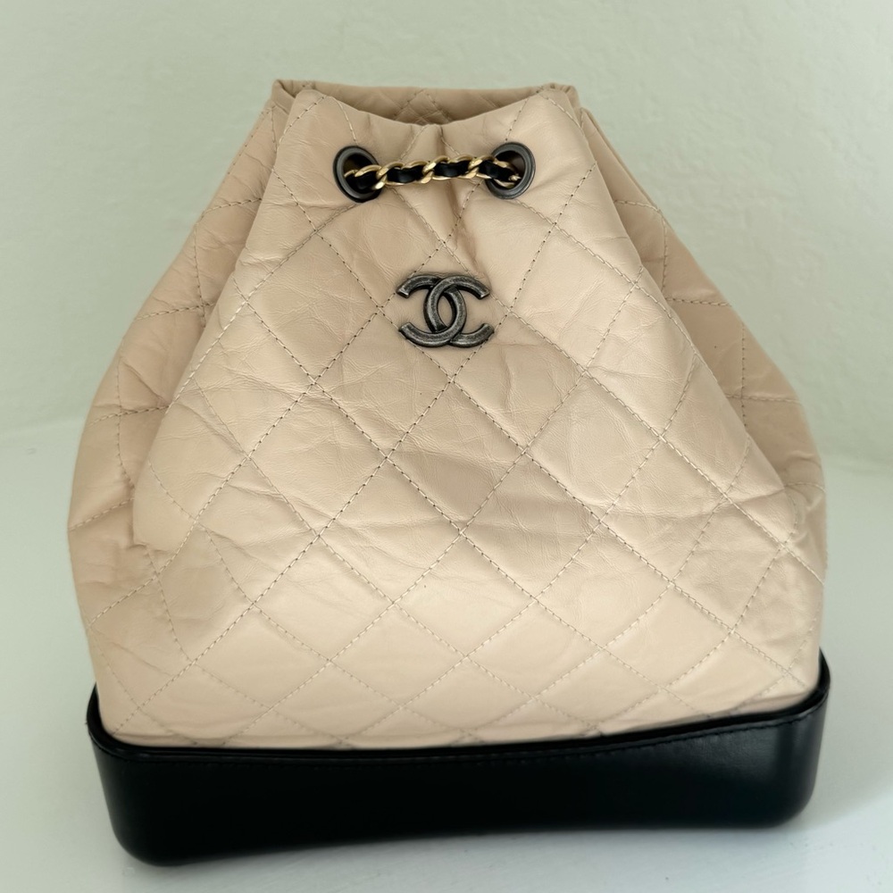 Chanel Gabrielle Backpack - Beige / Black - Age Quilted Calfskin